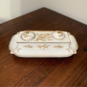 Elegant White and Gold Porcelain Inkwell